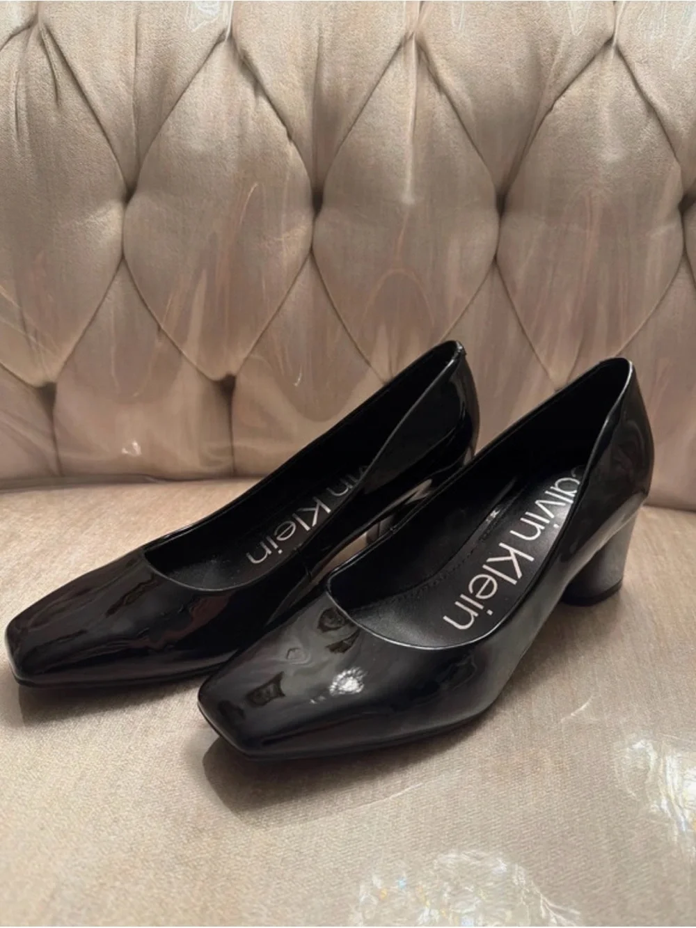 Calvin Klein Black Patent Square-Toe Pumps - Sleek Gloss